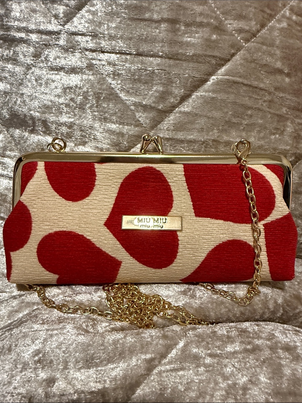 Miu Miu Red and Cream Heart-Print Chain Clutch